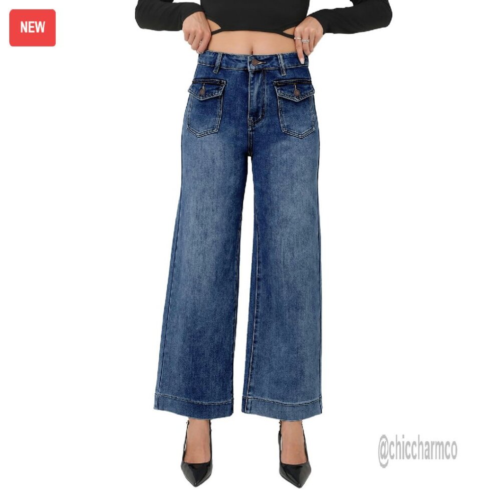 Mid Waisted Straight Leg Jeans Stretchy Loose Fit Denim Pants